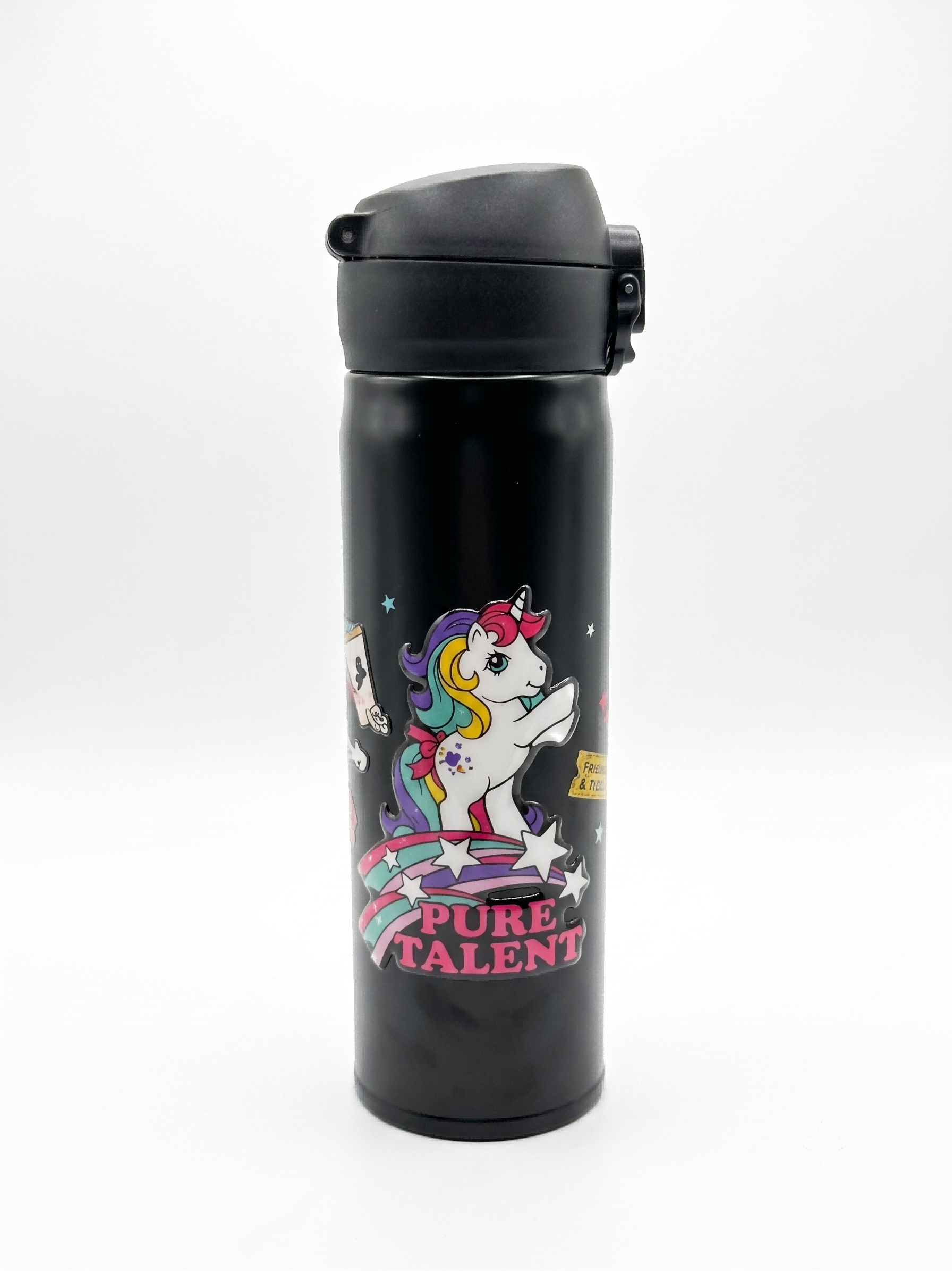 Glossy UV DTF Sticker on Matte Black Water Bottle | Pure Talent Unicorn Design