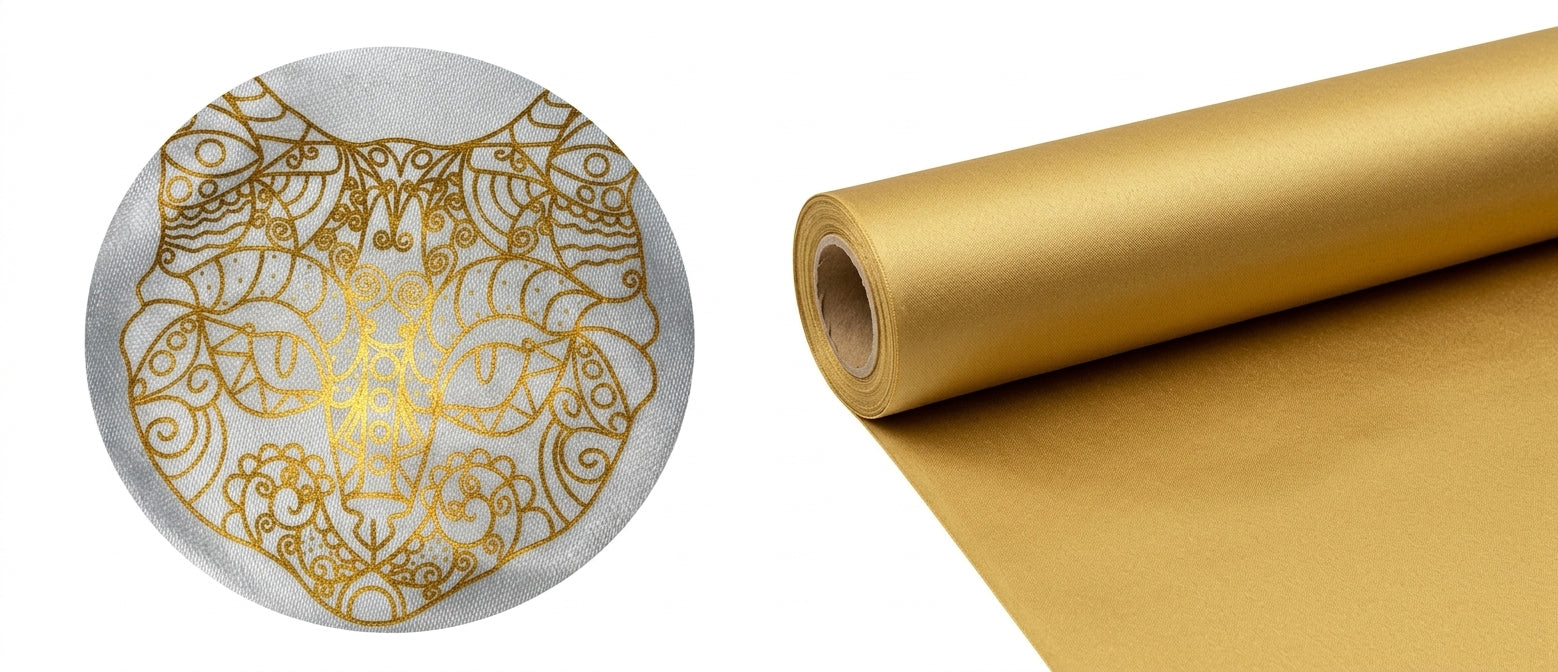 Metallic gold foil DTF transfer film roll alongside a fabric sample printed with an intricate gold ornate cat design to showcase fine-line metallic transfer quality.