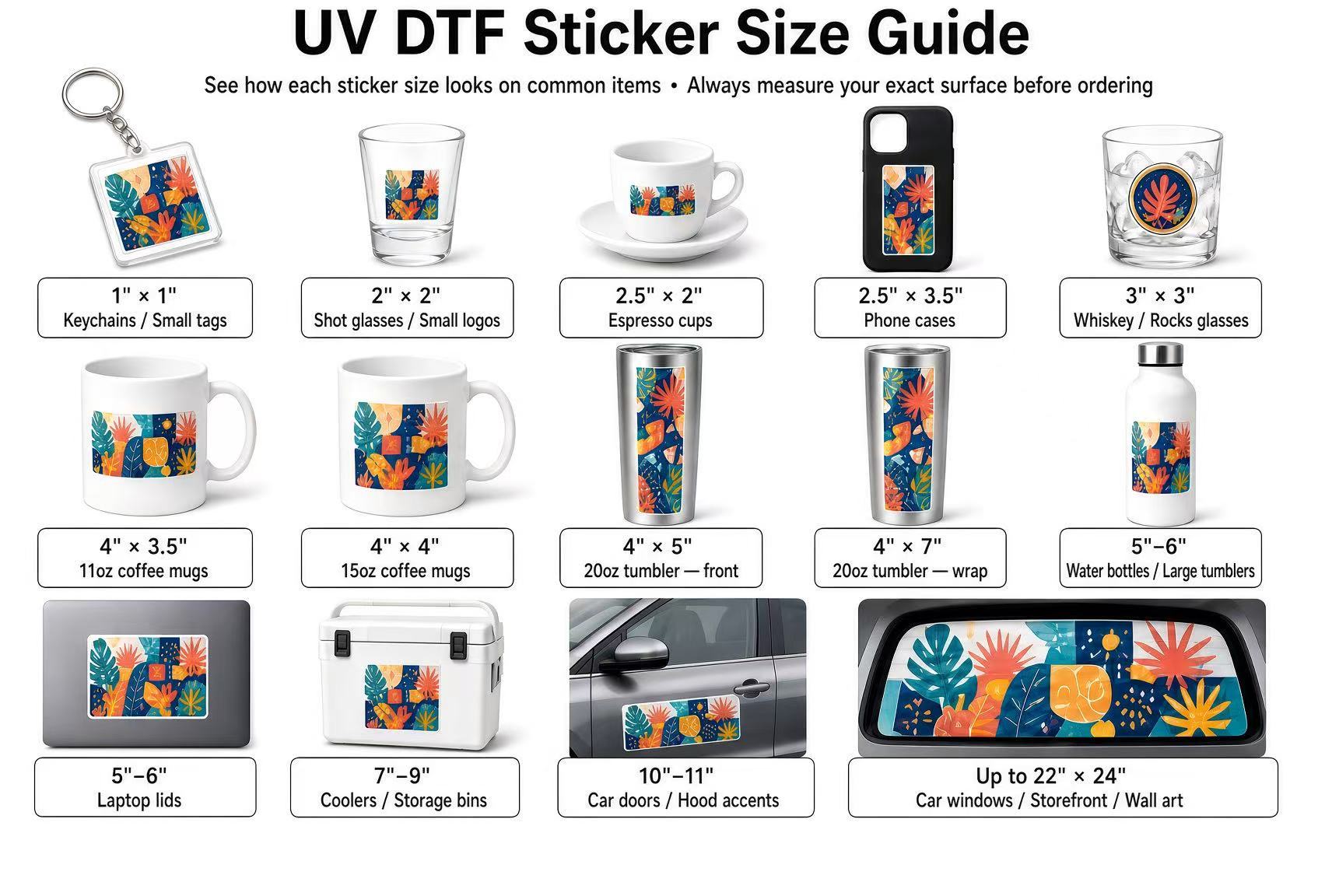 UV DTF sticker size guide chart illustrating standard decal dimensions from 1x1 inch up to 22x24 inch on keychains, mugs, tumblers, laptops, and car windows.