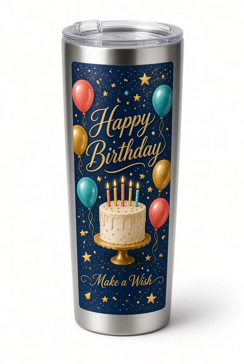 Custom glossy UV DTF sticker decal featuring a colorful Happy Birthday cake and balloons graphic applied onto a stainless steel tumbler.