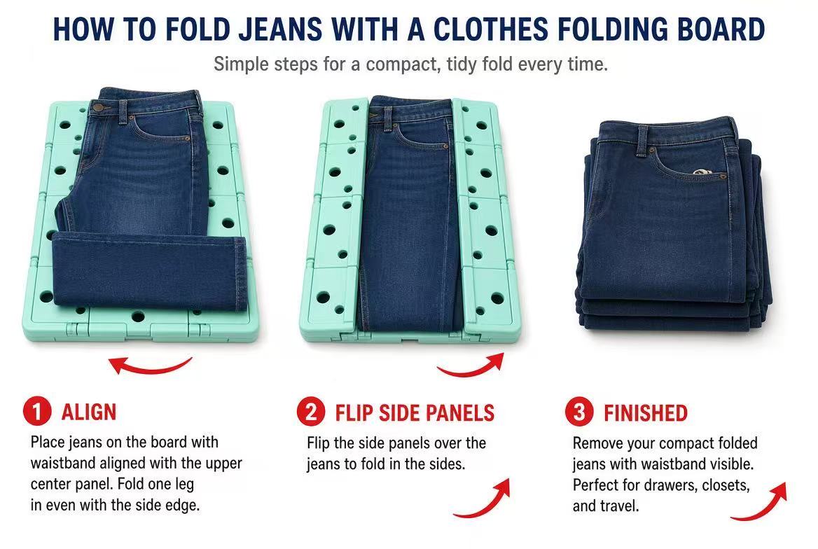 Step-by-step 3-part tutorial showing how to neatly fold denim jeans using a mint green clothes folding board for closet and travel storage