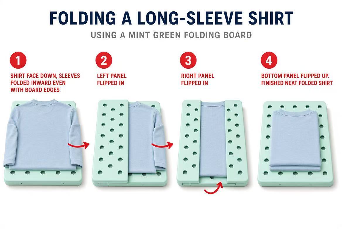 Step-by-step 4-part visual guide on how to fold a long-sleeve shirt neatly using a mint green clothes folding board