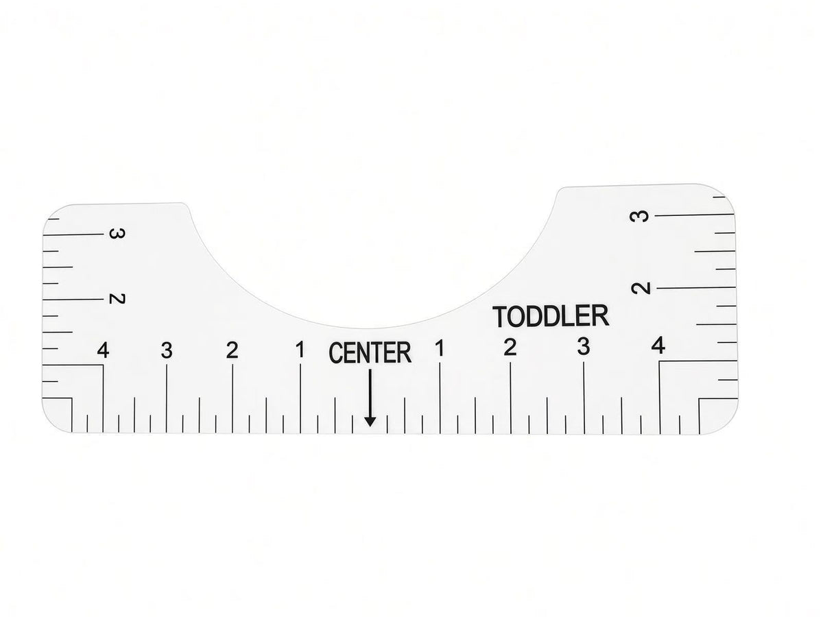 Toddler size t-shirt collar alignment ruler guide tool for precise DTF heat transfer placement on kids apparel 2T to 4T