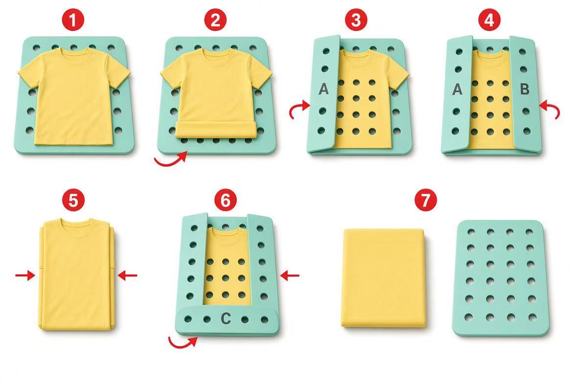 7-step visual guide showing how to quickly fold a yellow t-shirt into a neat rectangle using the mint green clothes folder board