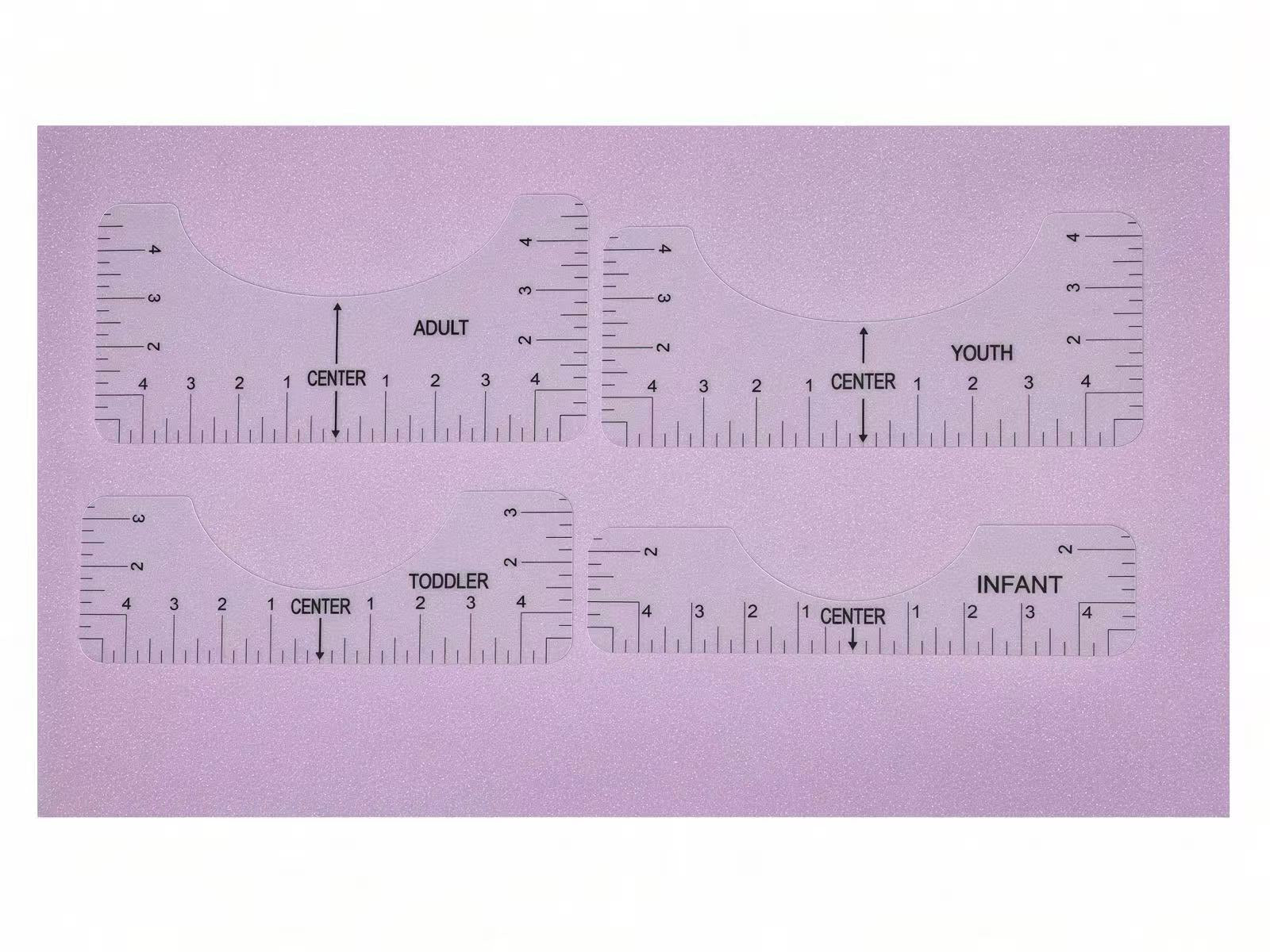 4-piece acrylic t-shirt alignment ruler guide set for heat press DTF vinyl printing on pure white background