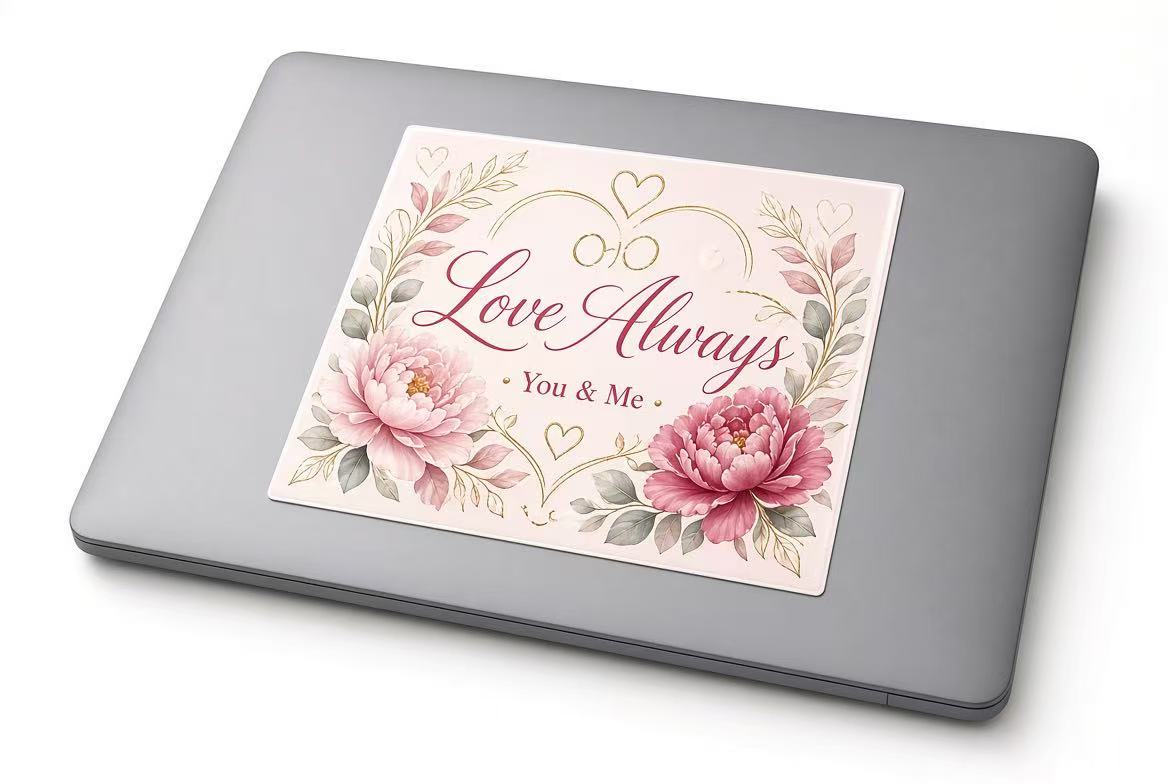 Peel-and-stick UV DTF transfer graphic showcasing detailed fine lines on a silver aluminum laptop lid