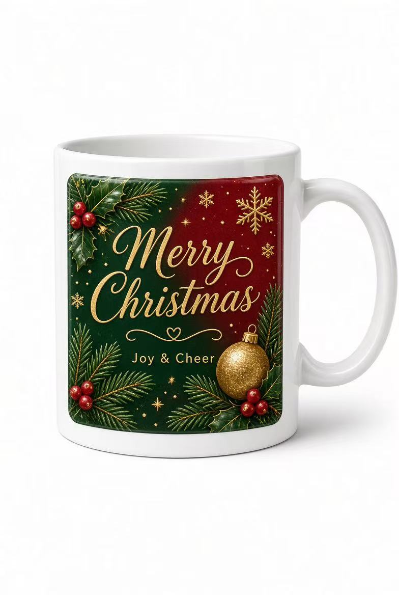 Vibrant color UV DTF transfer label printed with glossy 3D embossed finish on a white ceramic mug