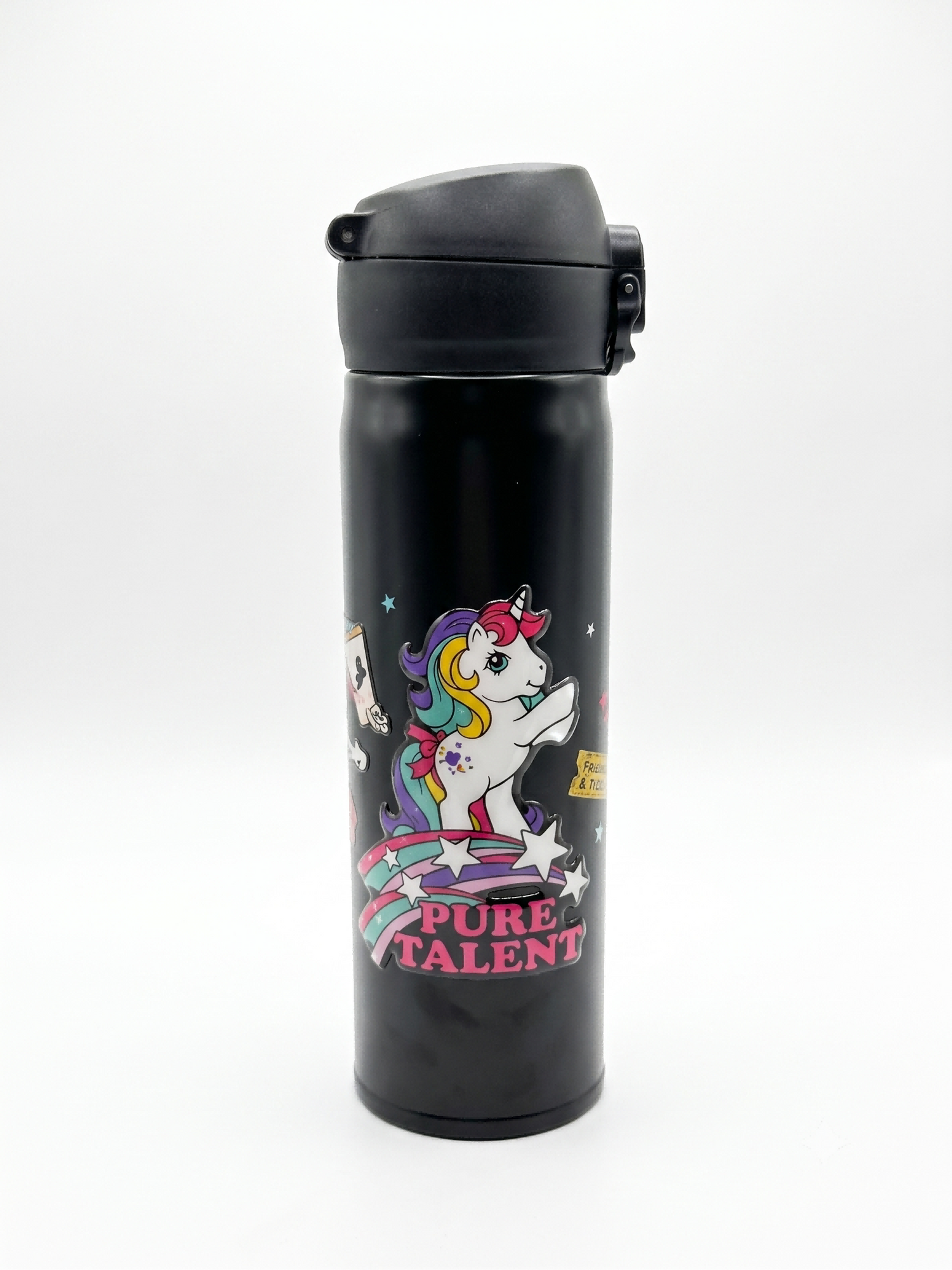 Glossy UV DTF Sticker on Matte Black Water Bottle | Pure Talent Unicorn Design