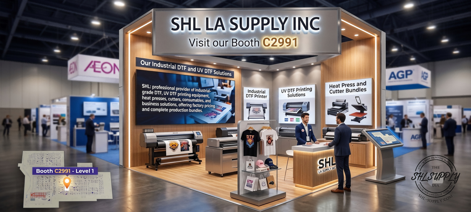 Visit SHL LA SUPPLY INC at Booth C2991 for industrial DTF, UV DTF printing solutions, heat presses, and cutter production bundles.