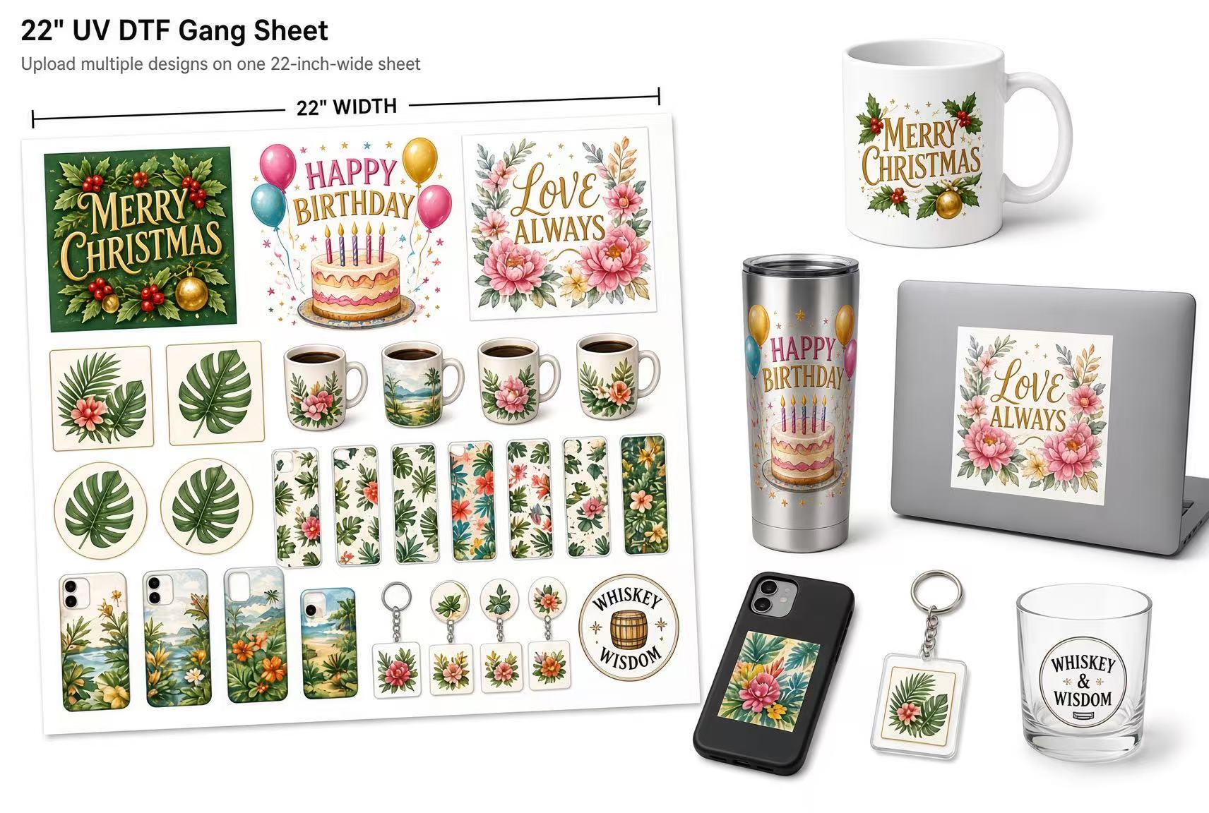 Custom 22 inch width UV DTF gang sheet with multiple colorful artwork transfers applied on a ceramic mug, stainless steel tumbler, laptop, phone case, acrylic keychain, and whiskey glass