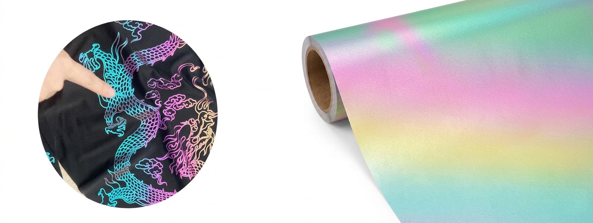 Holographic rainbow DTF transfer film roll alongside a black t-shirt printed with a vibrant iridescent dragon graphic to show actual press results.