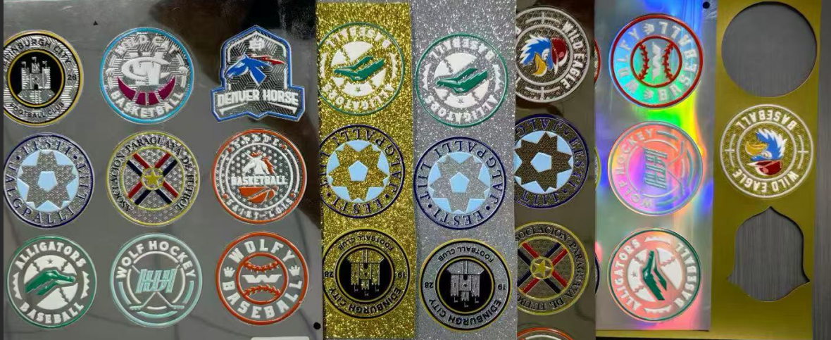 Custom 3D embossed TPU patches printed in various finishes including holographic, gold glitter, silver glitter, and metallic base on sports team logo emblems.