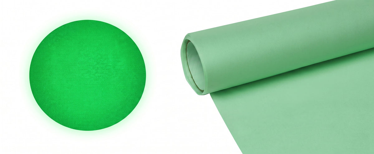 glow-in-the-dark DTF transfer film roll shown beside a bright luminescent green glowing