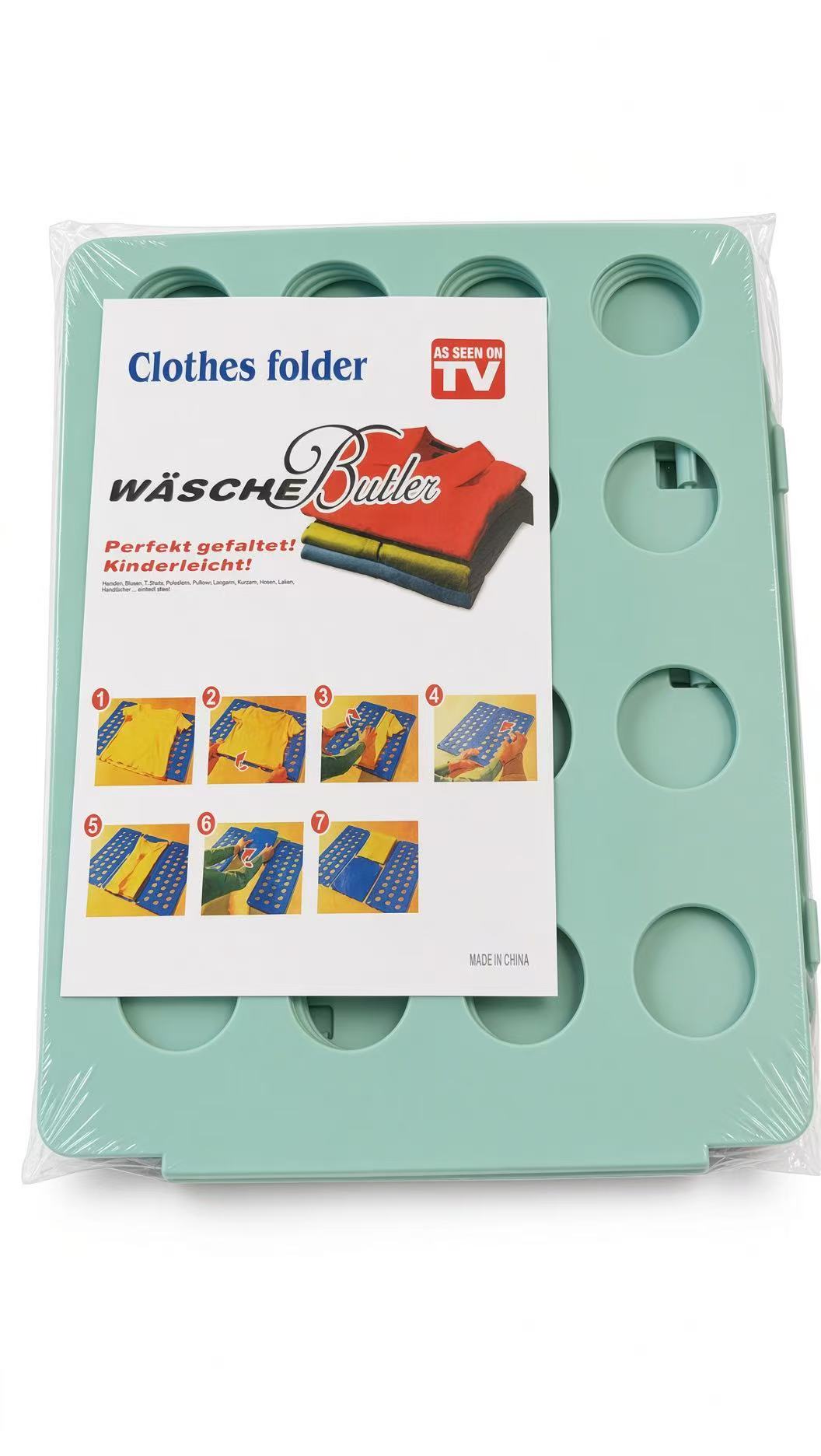 t-shirt and clothes folder board in retail packaging showing quick step-by-step garment folding instructions